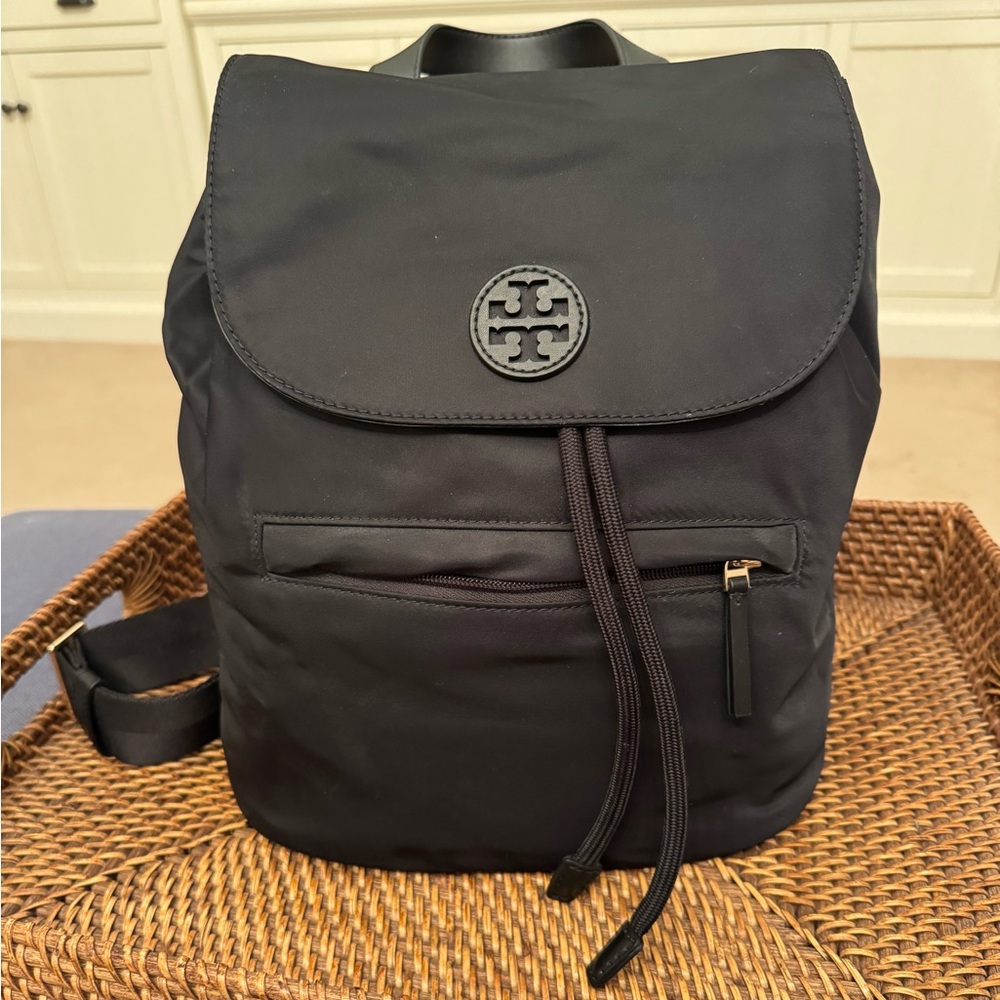 Tory Burch Black Nylon Backpack Drawstring Flap Logo